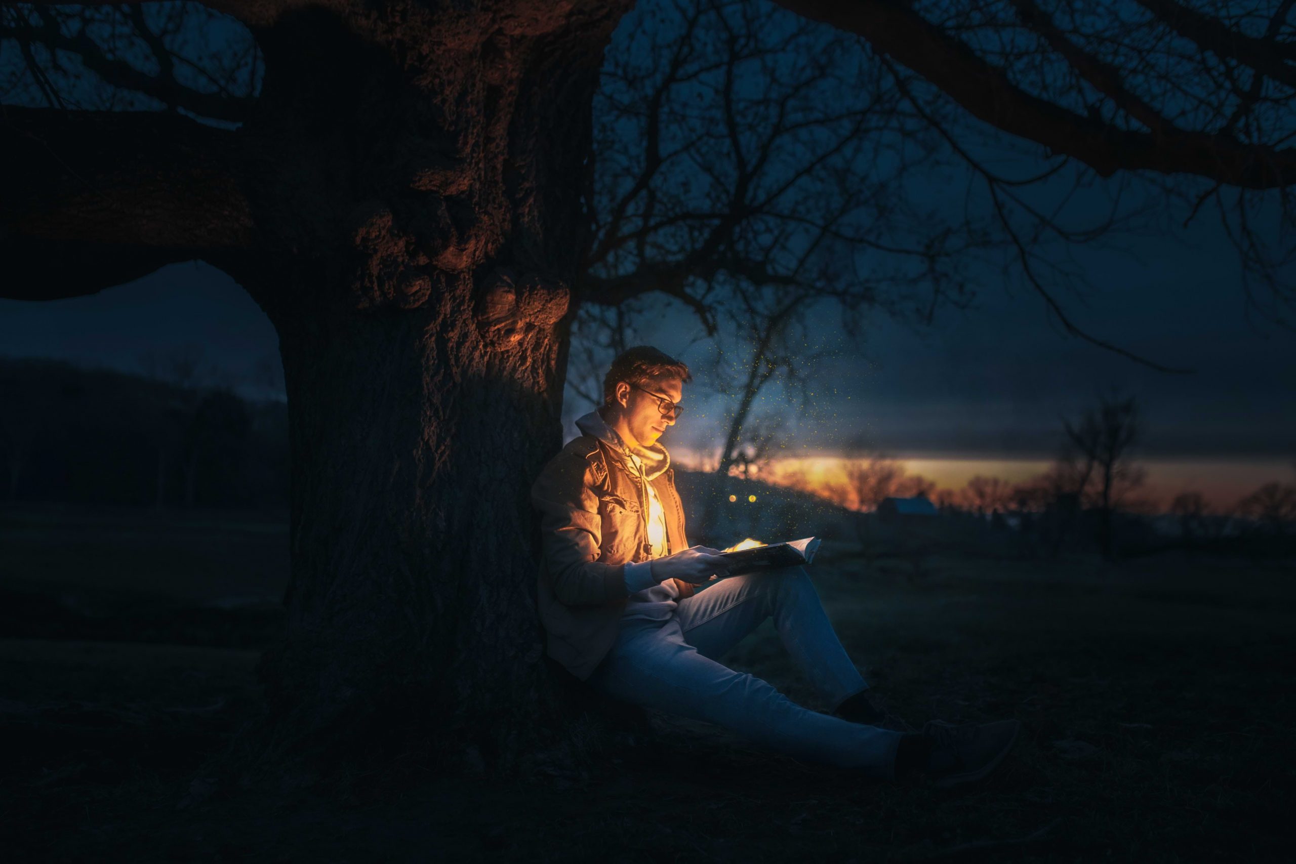 czytanie baśni pod drzewem w porze nocnej